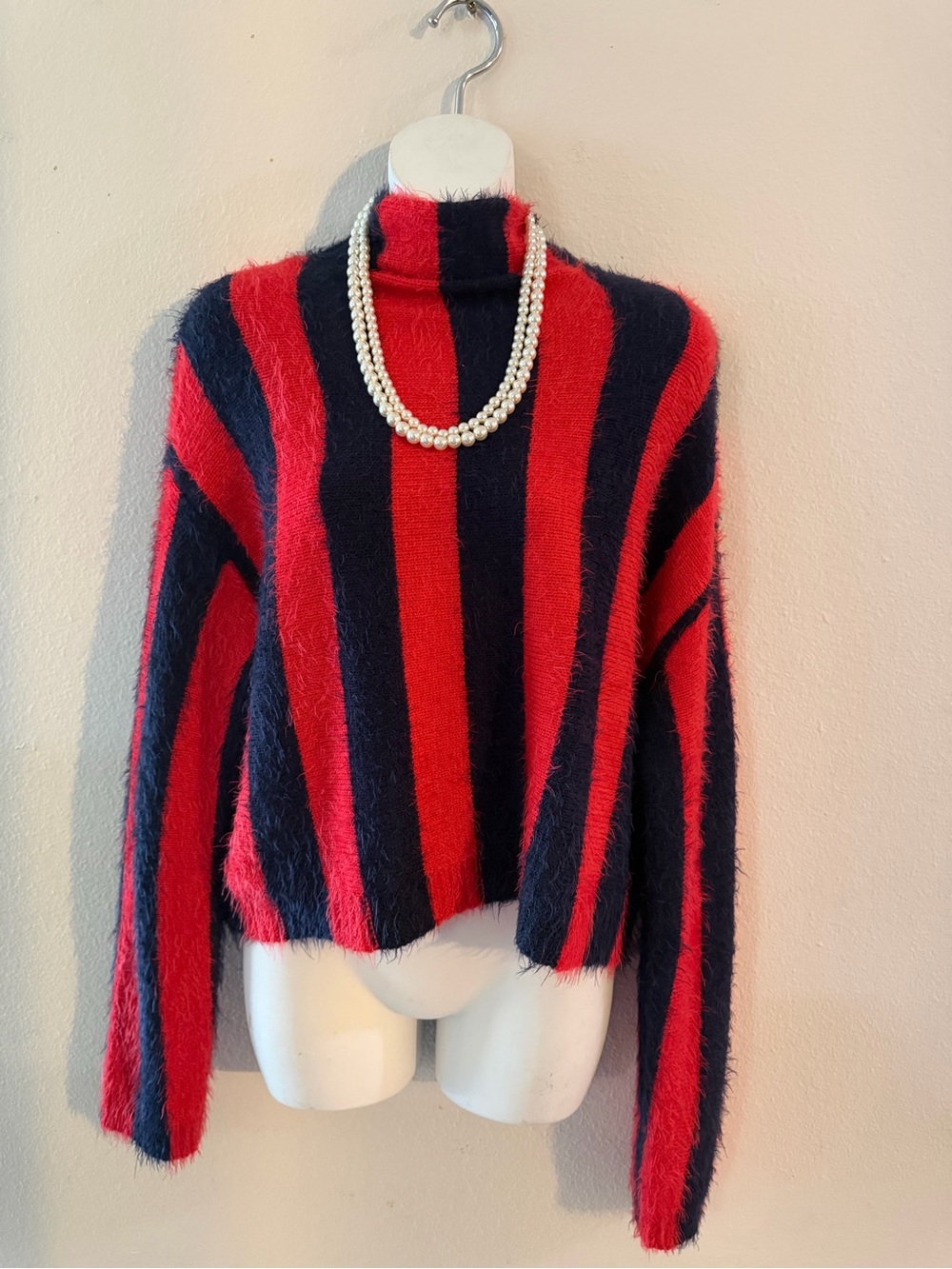 Blank NYC Red and Navy Fuzzy Striped Turtleneck Sweater
